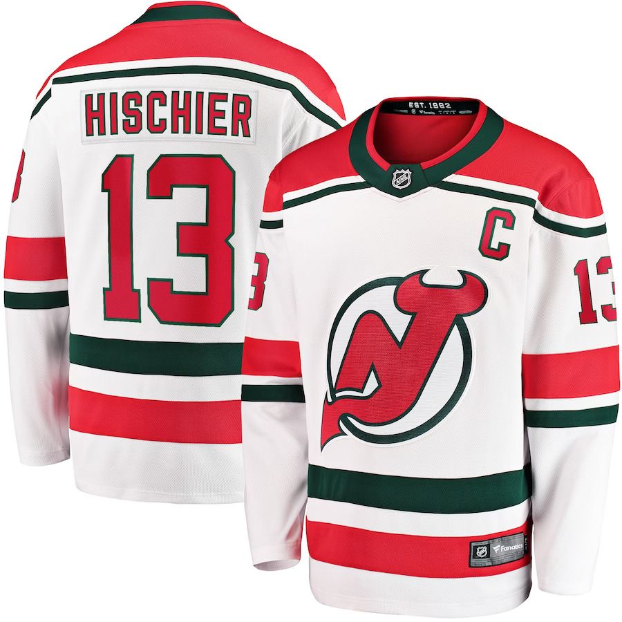 Men New Jersey Devils 13 Nico Hischier Fanatics Branded White 2022-23 Heritage Premier Breakaway NHL Jersey